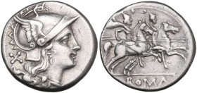 Anonymous. AR Denarius, uncertain Lucanian mint (Venusia?), 209 BC. Obv. Helmeted head of Rome right; behind, X. Rev. The Dioscuri galloping right; in...