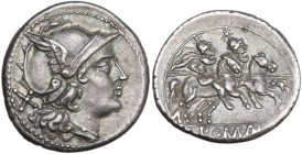 Anonymous. AR Denarius, uncertain Apulian mint , 210 BC. Obv. Helmeted head of Roma right; behind, X. Rev. The Dioscuri galloping right; in linear fra...