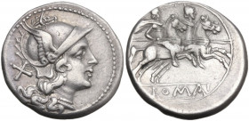 Anonymous. AR Denarius, uncertain Lucanian mint (Venusia?), 209 BC. Obv. Helmeted head of Rome right; behind, X. Rev. The Dioscuri galloping right; in...