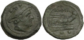 Sextantal series. AE Sextans, 207 BC. Obv. Head of Mercury right, wearing petasos; above, two pellets. Rev. Prow right; below, two pellets. Cr. 56/6. ...