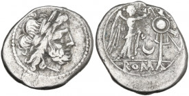Crescent series. AR Victoriatus, uncertain Campanian mint (Capua?), 207 BC. Obv. Laureate head of Jupiter right. Rev. Victory standing right, crowning...