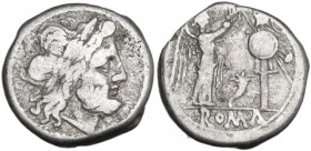 Cornucopiae series. AR Victoriatus, uncertain Campanian mint (Capua?), 208 BC. Obv. Laureate head of Jupiter right. Rev. Victory standing right, crown...