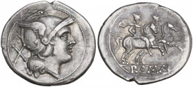 Anchor series. AR Denarius, uncertain Campanian mint (Capua?), 210 BC. Obv. Helmeted head of Roma right (splayed visor); behind, X. Rev. The Dioscuri ...