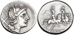 Anonymous. AR Denarius, uncertain Sicilian mint (Catania?), 213 BC. Obv. Helmeted head of Roma right; behind, X. Rev. The Dioscuri galloping right; in...