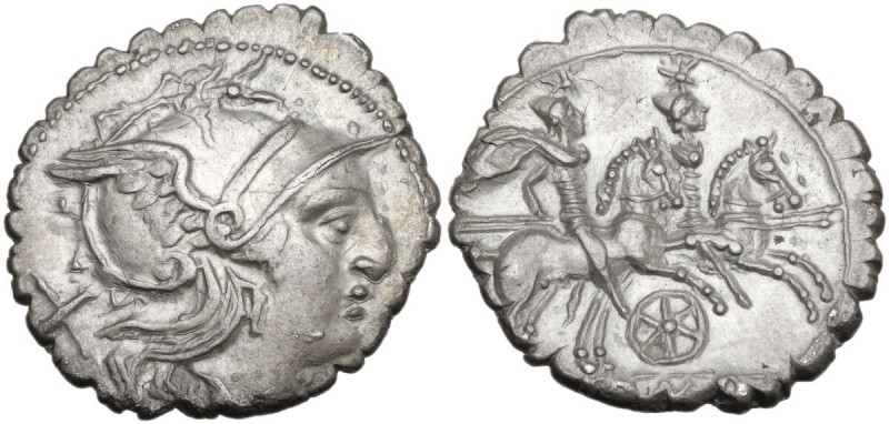 Six-spoked wheel series. AR Denarius, 209-208 BC (Sicily?). Obv. Helmeted head o...