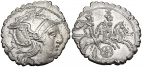 Six-spoked wheel series. AR Denarius, 209-208 BC (Sicily?). Obv. Helmeted head of Roma right; behind, X. Rev. The Dioscuri galloping right; below, six...