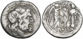 Spearhead series. AR Victoriatus, uncertain Samnite mint, 213 BC. Obv. Laureate head of Jupiter right. Rev. Victory standing right, crowning trophy (w...