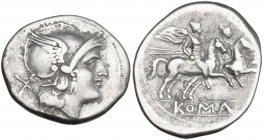 Anonymous. AR Denarius. Obv. Helmeted head of Roma right ; behind, X. Rev. The Dioscuri galloping right; in relief on tablet, ROMA. Cr. 44/5. AR. 4.09...