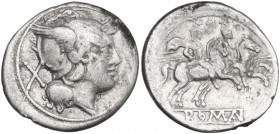 Anonymous. AR Denarius, uncertain Campanian mint (Capua?), 210 BC. Obv. Helmeted head of Roma right (splayed visor); behind, X. Rev. The Dioscuri gall...
