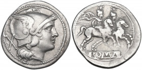 Anonymous. AR Denarius, uncertain Samnite mint (Bovianum?), 214 BC. Obv. Helmeted head of Roma right ; behind, X. Rev. The Dioscuri galloping right; p...