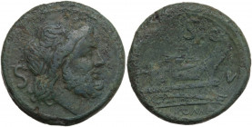 V series. AE Semis, 211-210 BC. South East Italy. Obv. Laureate head of Saturn right; behind, S. Rev. Prow right; above, S and before, V. In exergue, ...