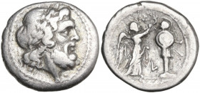 L series. AR Victoriatus, c. 214-212 BC, Luceria mint. Obv. Laureate head of Jupiter right. Bead and reel border. Rev. Victory standing right, crownin...