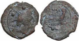CA series. Sextans, c. 206-195 BC., Canusium (?). Obv. Head of Mercury right; CA behind, two pellets above. Rev. Prow right; above, ROMA; before, CA; ...