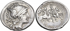 Anonymous. AR Denarius, uncertain Lucanian mint (Venusia?), 210 BC. Obv. Helmeted head of Rome right; behind, X. Rev. The Dioscuri galloping right (pr...