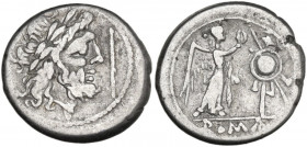 Staff series. AR Victoriatus, 206-195 BC. Obv. Laureate head of Jupiter right; before, staff. Rev. Victory standing right, crowning trophy; in exergue...