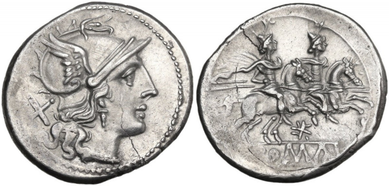 Star series. AR Denarius, uncertain Campanian mint (Capua?), 204 BC. Obv. Helmet...