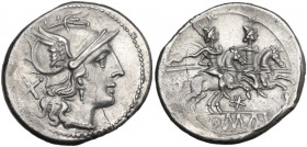 Star series. AR Denarius, uncertain Campanian mint (Capua?), 204 BC. Obv. Helmeted head of Roma right; behind, X. Rev. The Dioscuri galloping right; b...