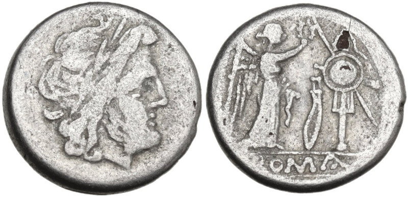 Falcata series. Fourrèe Victoriatus, Capua mint, 205 BC. Obv. Laureate head of J...