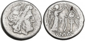 Falcata series. Fourrèe Victoriatus, Capua mint, 205 BC. Obv. Laureate head of Jupiter right. Rev. Victory standing right, crowning trophy; between, f...