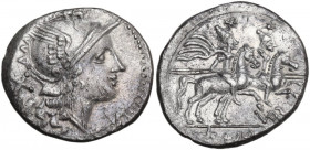 VAR series. Denarius, uncertain Spanish mint (Tarraco?), 207 BC. Obv. Helmeted head of Roma right; behind, X. Rev. The Dioscuri galloping right; below...