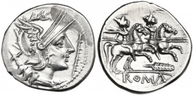 Staff and feather series. AR Denarius, uncertain Spanish mint (Tarraco?), 201 BC. Obv. Helmeted head of Roma right, curl on left shoulder; behind, X; ...