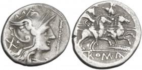 Staff and feather series. AR Denarius, uncertain Spanish mint (Tarraco?), 201 BC. Obv. Helmeted head of Roma right (curl on left shoulder); behind, X;...