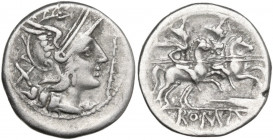 Staff and feather series. AR Denarius, uncertain Spanish mint (Tarraco?), 201 BC. Obv. Helmeted head of Roma right (curl on left shoulder); behind, X;...