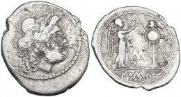 ME series. AR Victoriatus, Capua mint, 204 BC. Obv. Laureate head of Jupiter right. Rev. Victory standing right, crowning trophy; between, ME (ligate)...