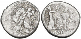 TAMP series. AR Victoriatus, uncertain mint, 203 BC. Obv. Laureate head of Jupiter right. Rev. Victory standing right, crowning trophy; between, TAMP ...