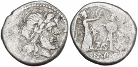 TAMP series. AR Victoriatus, uncertain mint, 203 BC. Obv. Laureate head of Jupiter right. Rev. Victory standing right, crowning trophy; between, TAMP ...