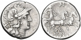 AN or AV series. AR Denarius, uncertain Spanish mint, 203 BC. Obv. Helmeted head of Roma right; behind, X. Rev. Luna in biga right; above, AV (ligate)...