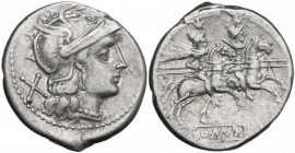 Anonymous. AR Denarius, uncertain Spanish mint, 204 BC. Obv. Helmeted head of Rome right; behind, X. Rev. The Dioscuri galloping right; in linear fram...
