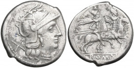 Anonymous. AR Denarius, uncertain Spanish mint, 204 BC. Obv. Helmeted head of Rome right; behind, X. Rev. The Dioscuri galloping right; in linear fram...