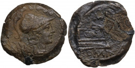 'Bull and MD' series. AE Triens, c. 189-180 BC. Obv. Helmeted head of Minerva right; above, four pellets. Rev. Prow right; above, bull and MD; before,...