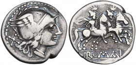 AL series. AR Denarius, uncertain Spanish mint (Tarraco?), 208 BC. Obv. Helmeted head of Roma right; behind, X. Rev. The Dioscuri galloping right; bel...