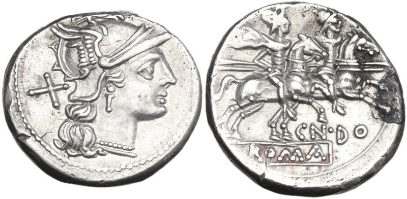 Cn. Domitius Ahenobarbus. AR Denarius, uncertain Spanish mint, 204 BC. Obv. Helm...