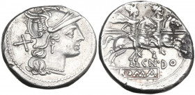 Cn. Domitius Ahenobarbus. AR Denarius, uncertain Spanish mint, 204 BC. Obv. Helmeted head of Roma right; behind, X. Rev. The Dioscuri galloping right;...