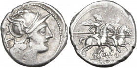 Cn. Domitius Ahenobarbus. AR Denarius, 189-180 BC. Obv. Helmeted head of Roma right; behind, X. Rev. The Dioscuri galloping right; below horses, CN. D...