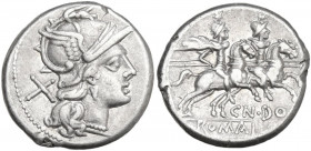 Cn. Domitius Ahenobarbus. AR Denarius, 189-180 BC. Obv. Helmeted head of Roma right; behind, X. Rev. The Dioscuri galloping right; below horses, CN. D...