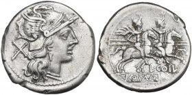 L. Coelius. AR Denarius, c. 189-180 BC. Obv. Helmeted head of Roma right; behind, X. Rev. The Dioscuri galloping right; below horses, L. COIL; in exer...