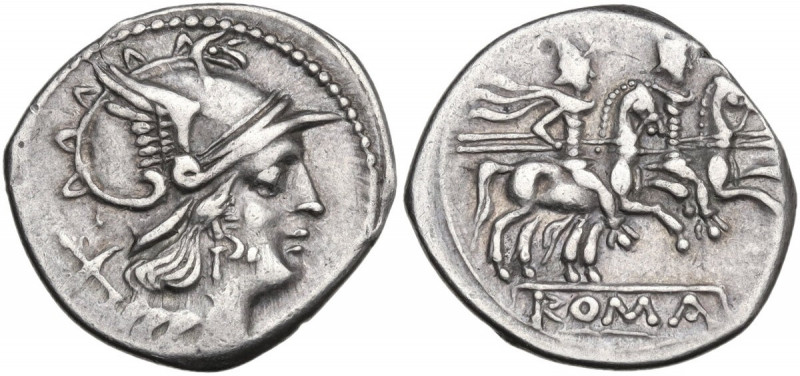 Anonymous. AR Denarius, uncertain Spanish mint (Tarraco?), 202 BC. Obv. Helmeted...