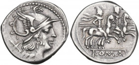 Anonymous. AR Denarius, uncertain Spanish mint (Tarraco?), 202 BC. Obv. Helmeted head of Rome right; behind, X. Rev. The Dioscuri galloping right (wav...