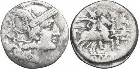 Anonymous. AR Denarius, uncertain Spanish mint (Tarraco?), 202 BC. Obv. Helmeted head of Rome right; behind, X. Rev. The Dioscuri galloping right; fur...