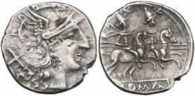 Anonymous. AR Denarius, uncertain Spanish mint (Tarraco?), 203 BC. Obv. Helmeted head of Rome right; behind, X. Rev. The Dioscuri galloping right ; in...