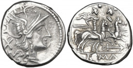 Anchor series. AR Denarius, uncertain Spanish mint, 202 BC. Obv. Helmeted head of Roma right; behind, X. Rev. The Dioscuri galloping right (further ho...