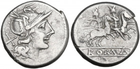 Anonymous. AR Denarius, uncertain Spanish mint, 202 BC. Obv. Helmeted head of Rome right; behind, X. Rev. The Dioscuri galloping right; in linear fram...