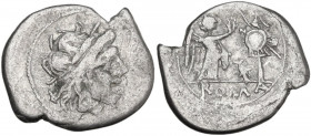 Helmet series. AR Victoriatus, uncertain mint, 202 BC. Obv. Laureate head of Jupiter right. Rev. Victory standing right, crowning trophy; between, hel...
