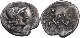 GR series. AR Denarius, uncertain Spanish mint, 205 BC. Obv. Helmeted head of Roma right; behind, X. Rev. The Dioscuri galloping right; below, GR; in ...