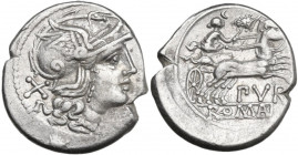 Furius Purpurio. AR Denarius, 169-158 BC. Obv. Helmeted head of Roma right; behind, X. Rev. Luna in biga right; murex shell above, PVR below; in exerg...