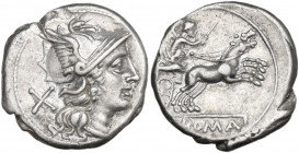 Anonymous. AR Denarius, 157-156 BC. Obv. Helmeted head of Roma right, X behind. Rev. Victory in biga right; in exergue, ROMA. Cr. 197/1. AR. 3.85 g. 1...